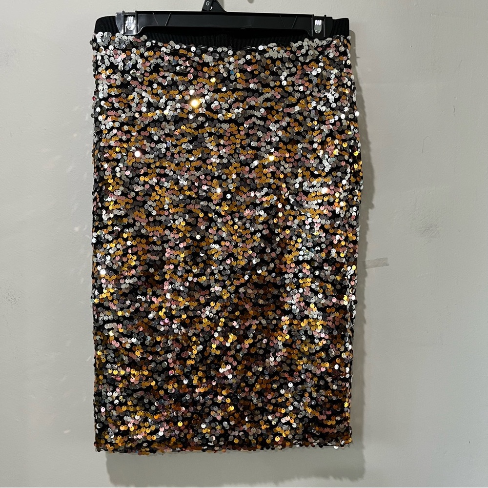 Women's Skirt Small Pencil Golden Sequin Embellished Waistband Party Gold Black - Picture 5 of 6